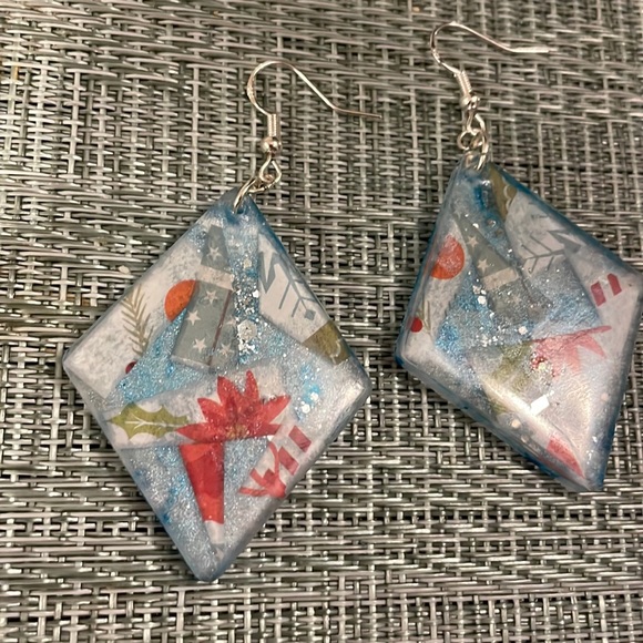 XMAS Handmade Festive Large Holiday Earrings Blue Hexagon - Picture 10 of 10